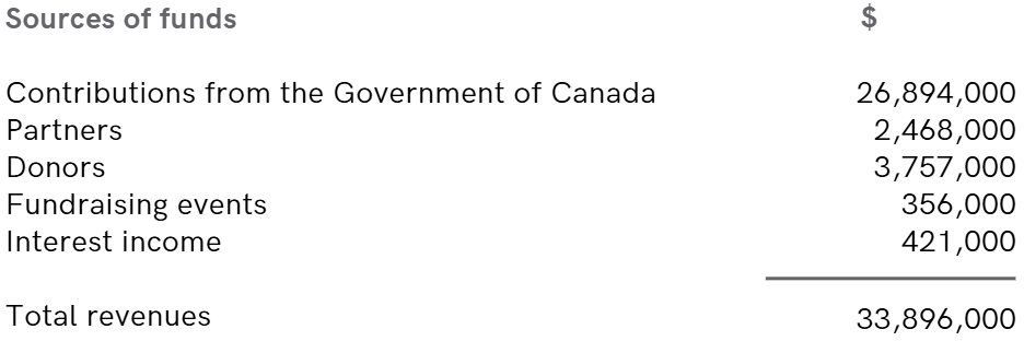 Chart showing Brain Canada's 2025/26 sources of funds