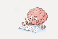 Illustration of a brain character writing on a paper