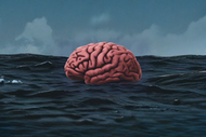 Illustration of a brain floating in the ocean during a dark stormy evening.