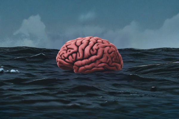 Illustration of a brain floating in the ocean during a dark stormy evening.